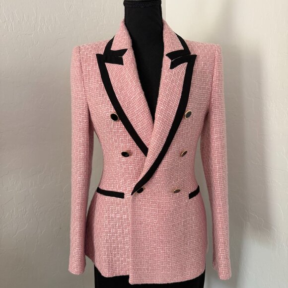 Pink tweed Zara double-breasted blazer with contrast piping - Picture 2 of 4